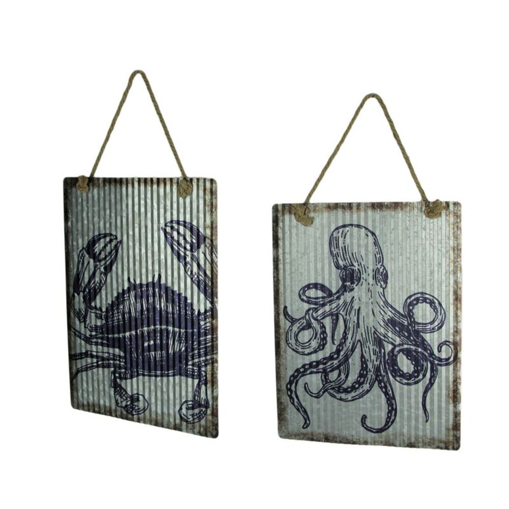 Ribbed Texture Galvanized Metal Octopus and Crab Art Wall Hanging Set